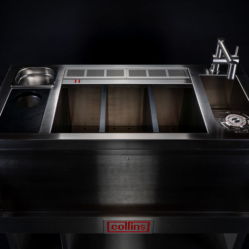 Collins Mach 1 cocktailstation detail – werkblad met garnituurbakken voor bartenders
