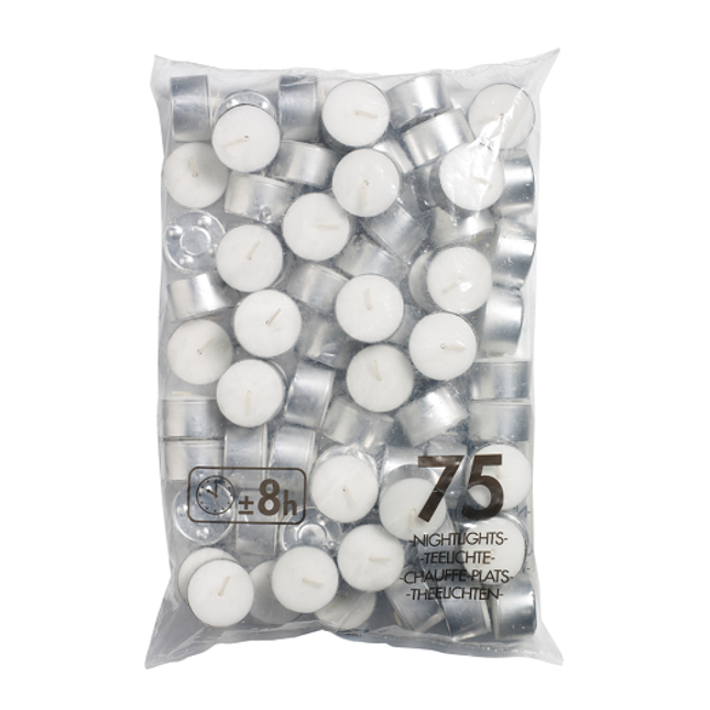 Bolsius theelichten wit 8 uur – zak met 75 waxinelichtjes, 6 per doos voor de horeca