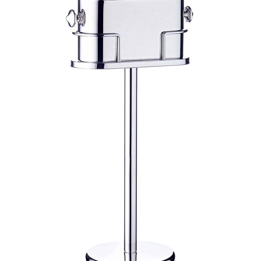 Een APS wijnkoeler op een 79 cm hoge standaard, elegant geplaatst naast een gedekte tafel met een gekoelde fles wijn.