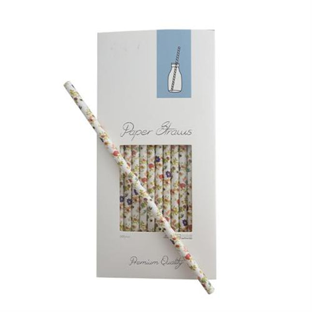 APS papieren rietjes bloemmotief 8 x 255 mm - decoratieve rietjes voor cocktails