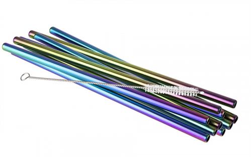 APS metalen rietjes regenboog 215 x 8 mm - herbruikbare rietjes met borstel
