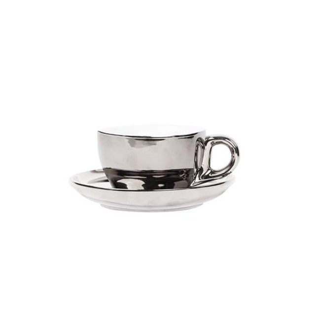 APS cappuccinokop met schotel zilver 200 ml - porseleinen set voor cappuccino